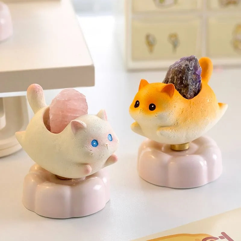 Rotatable Cartoon Cat Crystal Aroma Diffuser Stone Resin Stress Relief Desktop Ornament Home Decor Birthday Gift for Living Room Office Entryway