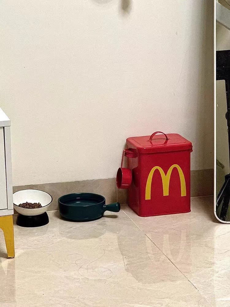 【 Buy 1, Get 2 Free! 😍】 Fun McDonald's Iron Pet Food Storage Bucket in Red - With Sealing Gasket to Prevent Moisture and Keep Pets from Opening. 6-10L Large Capacity