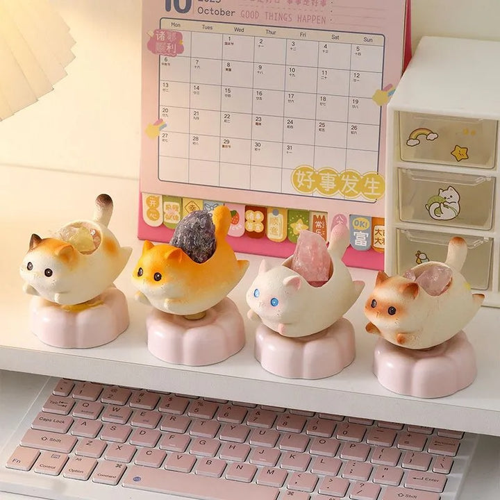 Rotatable Cartoon Cat Crystal Aroma Diffuser Stone Resin Stress Relief Desktop Ornament Home Decor Birthday Gift for Living Room Office Entryway