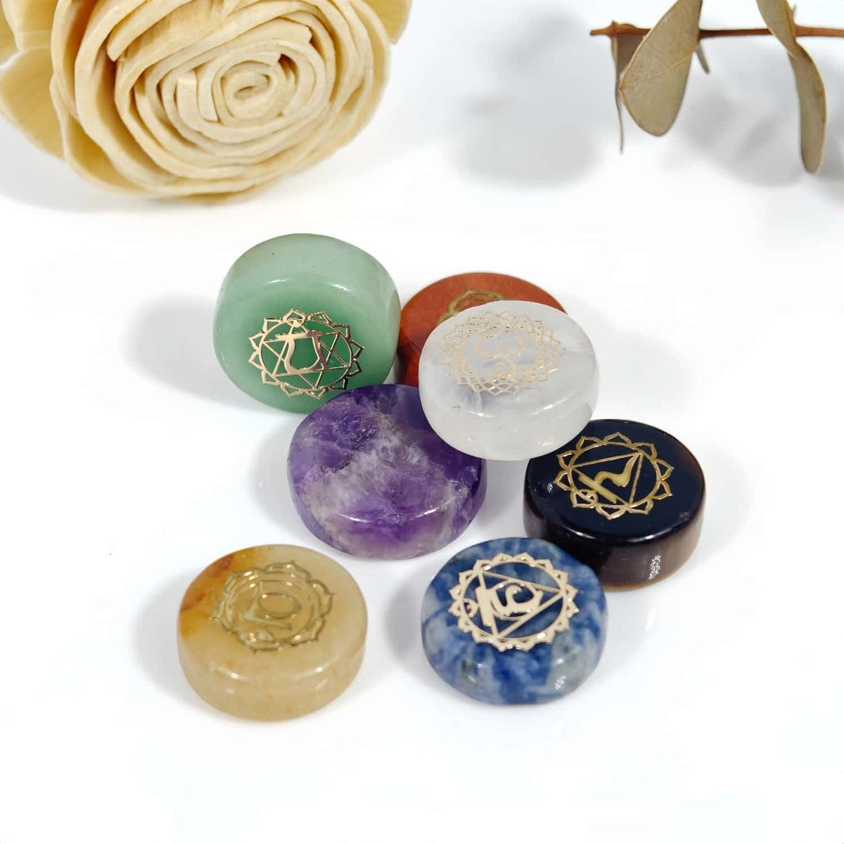 7 Chakra Natural Rough Crystal Palm Stone Set Engraved Sacred Symbols Colorful Mineral Specimens Yoga Meditation Stones