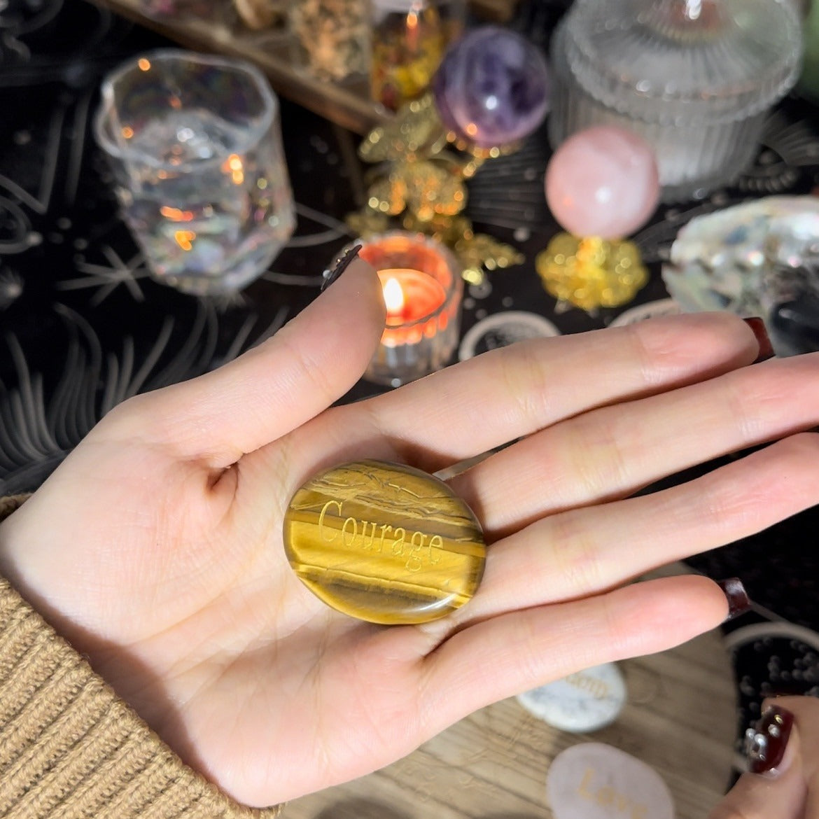Engraved Natural Polished Crystal Palm Stone Wholesale Inspirational Pocket Worry Stone Home Decor Ornament