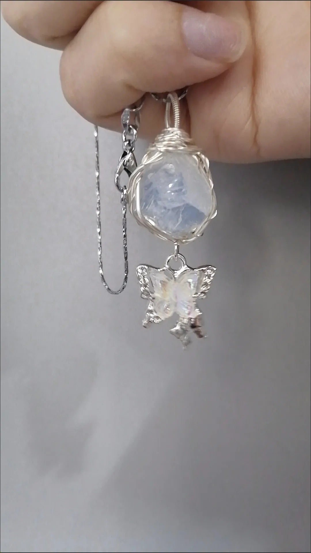 Original Natural Amethyst Aquamarine Rough Stone Handmade Wire Wrapped Butterfly Pendant Necklace Trendy Minimalist Unique Jewelry
