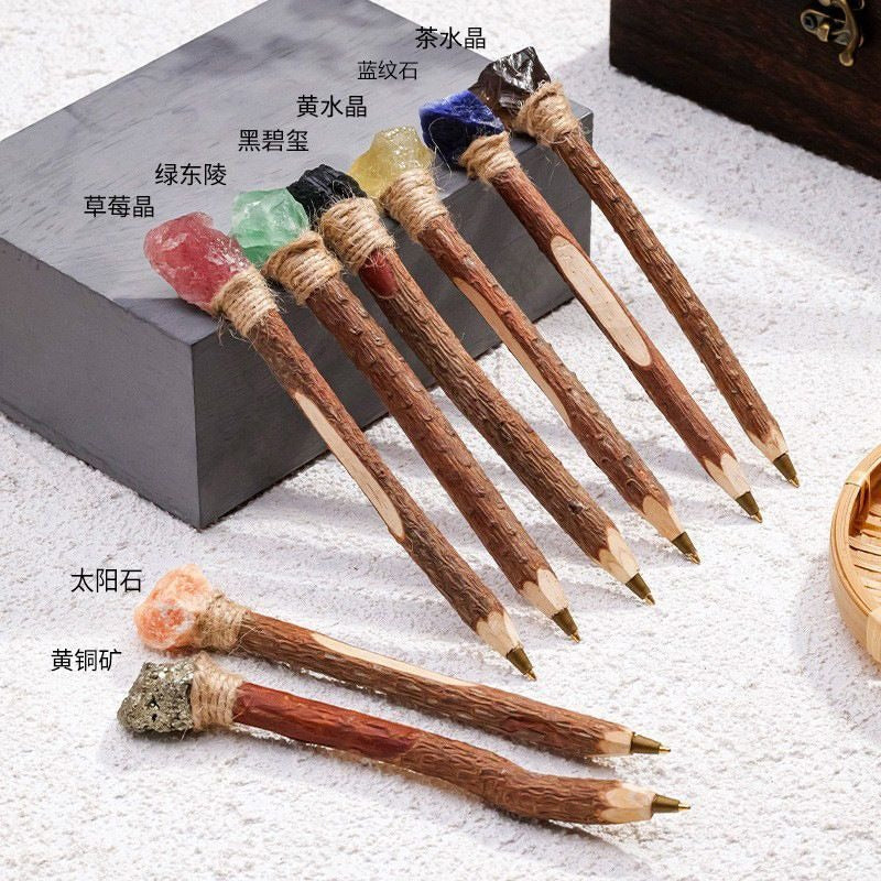Natural Crystal Raw Stone Magic Pen Eco Friendly Wooden Ballpoint Pen Log Crystal Craft Scepter Signature Pen Niche Decor