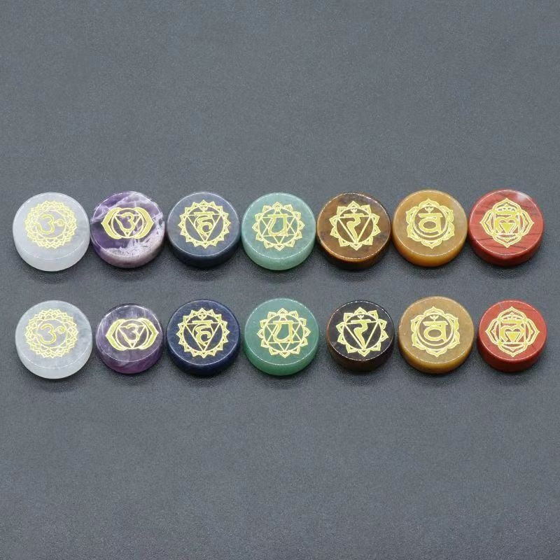 7 Chakra Natural Rough Crystal Palm Stone Set Engraved Sacred Symbols Colorful Mineral Specimens Yoga Meditation Stones