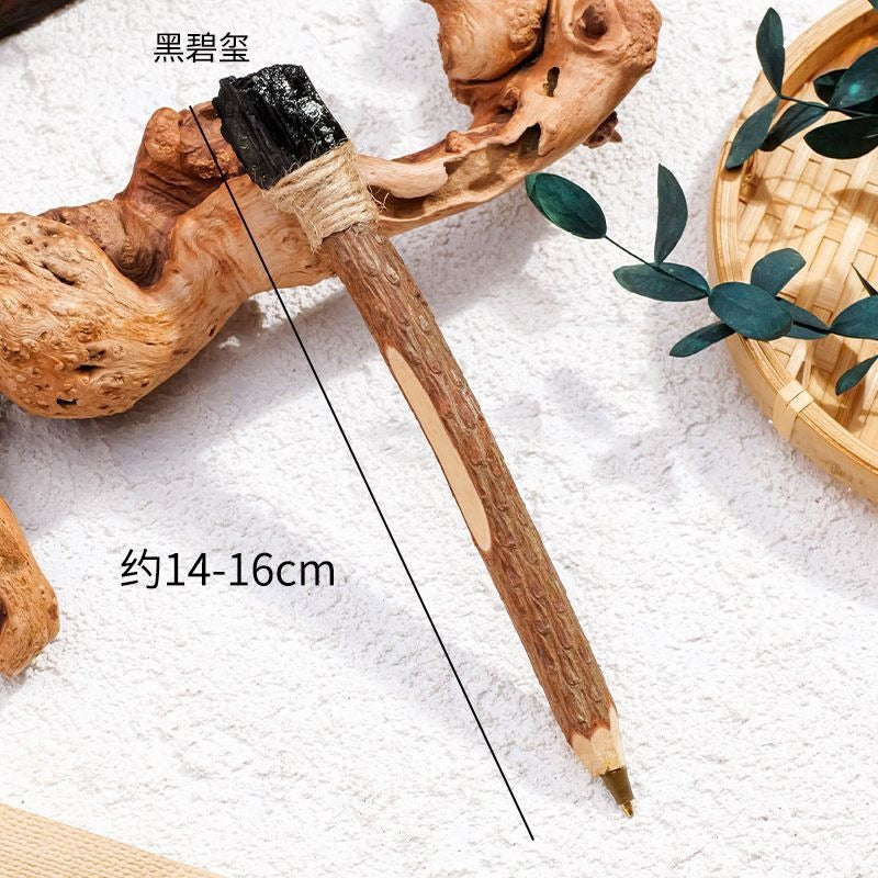 Natural Crystal Raw Stone Magic Pen Eco Friendly Wooden Ballpoint Pen Log Crystal Craft Scepter Signature Pen Niche Decor