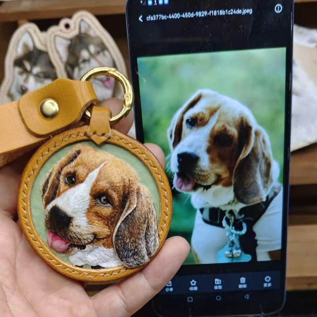 Custom Hand Tooled Leather Pet Keychain 3D Embossed Cat Dog Portrait Permanent Pet Memorial Handcrafted Stereo Headshot Keepsake