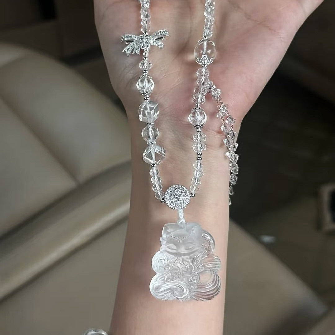 Natural Clear Quartz Cute Nine Tailed Fox Pendant Fashion Wealth Attracting Cute Fox Double Sided Carved 3D Exquisite Sculpted Necklace