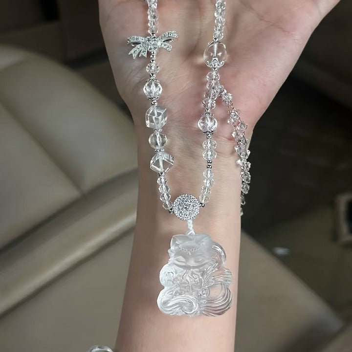 Natural Clear Quartz Cute Nine Tailed Fox Pendant Fashion Wealth Attracting Cute Fox Double Sided Carved 3D Exquisite Sculpted Necklace