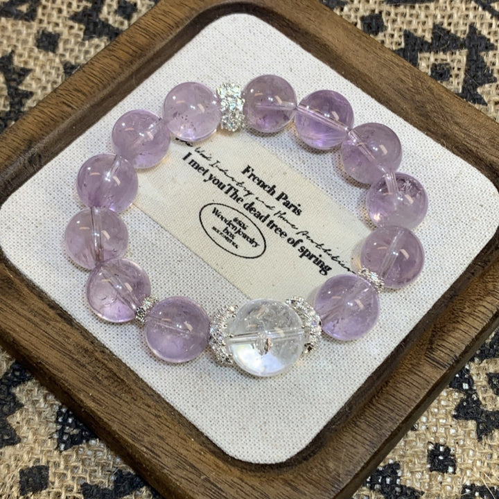 Ice Transparent Purple Rabbit Hair Quartz Bracelet With White Azeztulite Top Bead 15.5CM Wrist Size Elegant Minimalist Rare Crystal Bracelet For Women
