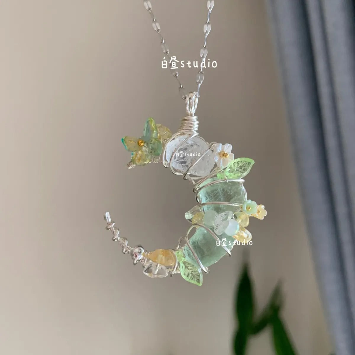Original Moon Whisper Series Handmade Wire Wrapped Raw Crystal Pendant Titanium Steel Sweater Chain Cosmic Star Moon Cloud Universe Design Unisex Long Necklace