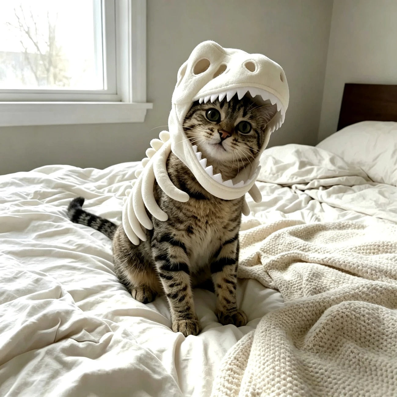 Luminous Dinosaur Skeleton Pet Hat Plush Tyrannosaurus Exoskeleton Doll Hood Viral TikTok Pet Costume Halloween Party Cosplay Accessory Fit All Cats Dogs