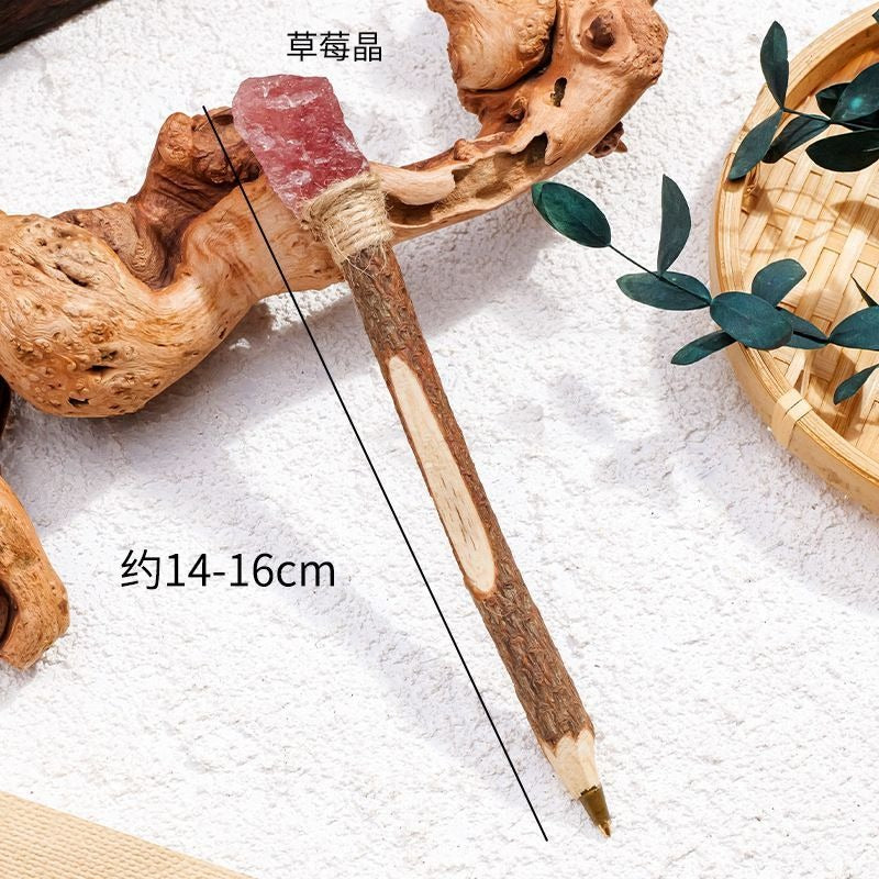 Natural Crystal Raw Stone Magic Pen Eco Friendly Wooden Ballpoint Pen Log Crystal Craft Scepter Signature Pen Niche Decor