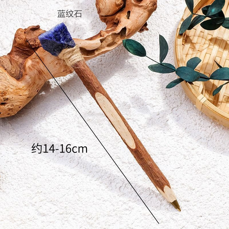Natural Crystal Raw Stone Magic Pen Eco Friendly Wooden Ballpoint Pen Log Crystal Craft Scepter Signature Pen Niche Decor