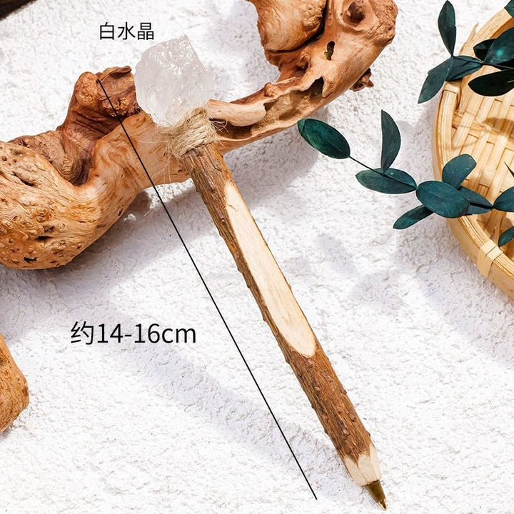 Natural Crystal Raw Stone Magic Pen Eco Friendly Wooden Ballpoint Pen Log Crystal Craft Scepter Signature Pen Niche Decor
