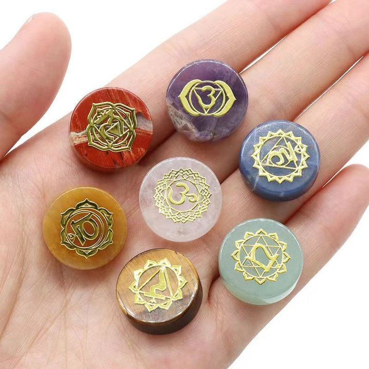 7 Chakra Natural Rough Crystal Palm Stone Set Engraved Sacred Symbols Colorful Mineral Specimens Yoga Meditation Stones