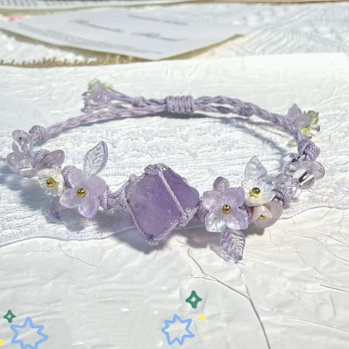 Handwoven Raw Crystal Braided Bracelet Summer Fresh Floral Dopamine Color Adjustable Rope Bracelet Cute Girly Healing Crystal Wrist Jewelry
