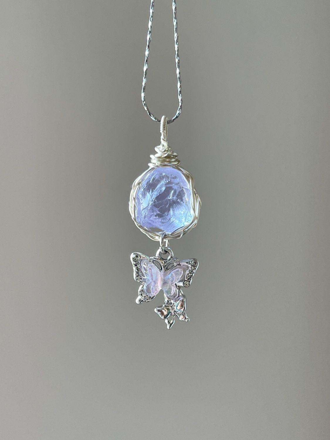 Original Natural Amethyst Aquamarine Rough Stone Handmade Wire Wrapped Butterfly Pendant Necklace Trendy Minimalist Unique Jewelry