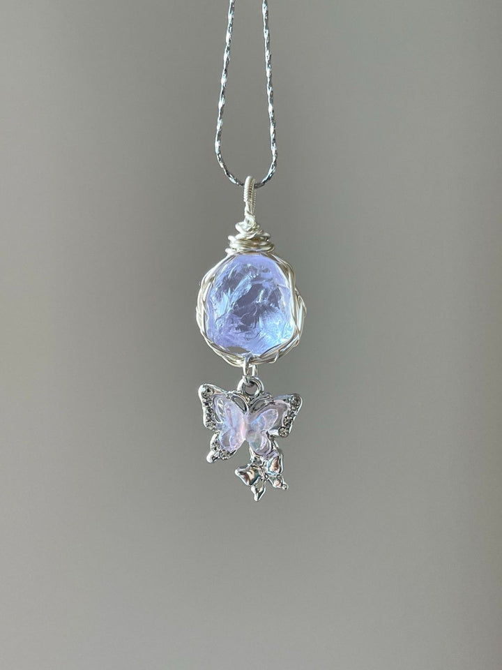 Original Natural Amethyst Aquamarine Rough Stone Handmade Wire Wrapped Butterfly Pendant Necklace Trendy Minimalist Unique Jewelry