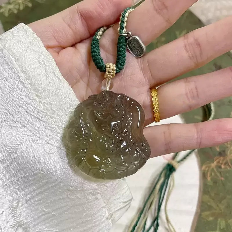 Natural Green Quartz Three Immortal Fox Amulet Pendant Necklace Tibetan Hand Braided Cord 30% Silver Peace Charm Attract Wealth Love Good Luck Spiritual Crystal Jewelry