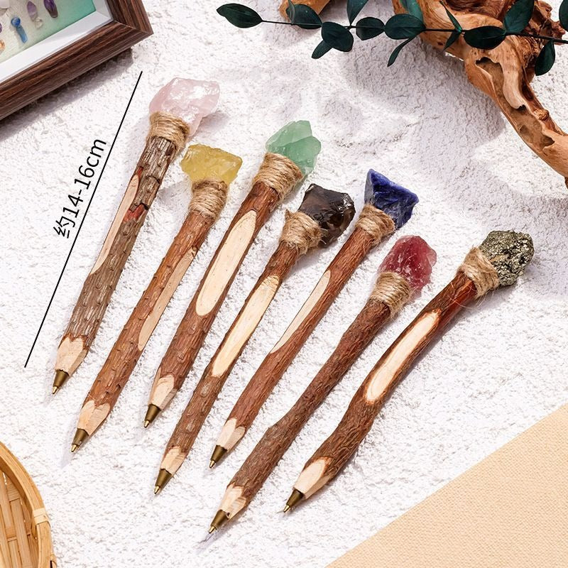 Natural Crystal Raw Stone Magic Pen Eco Friendly Wooden Ballpoint Pen Log Crystal Craft Scepter Signature Pen Niche Decor