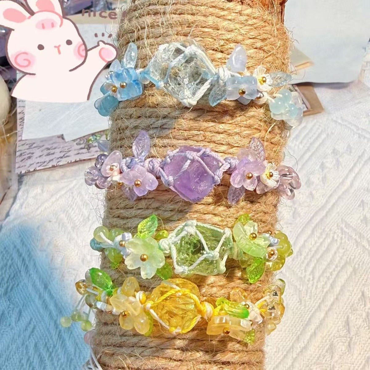 Handwoven Raw Crystal Braided Bracelet Summer Fresh Floral Dopamine Color Adjustable Rope Bracelet Cute Girly Healing Crystal Wrist Jewelry