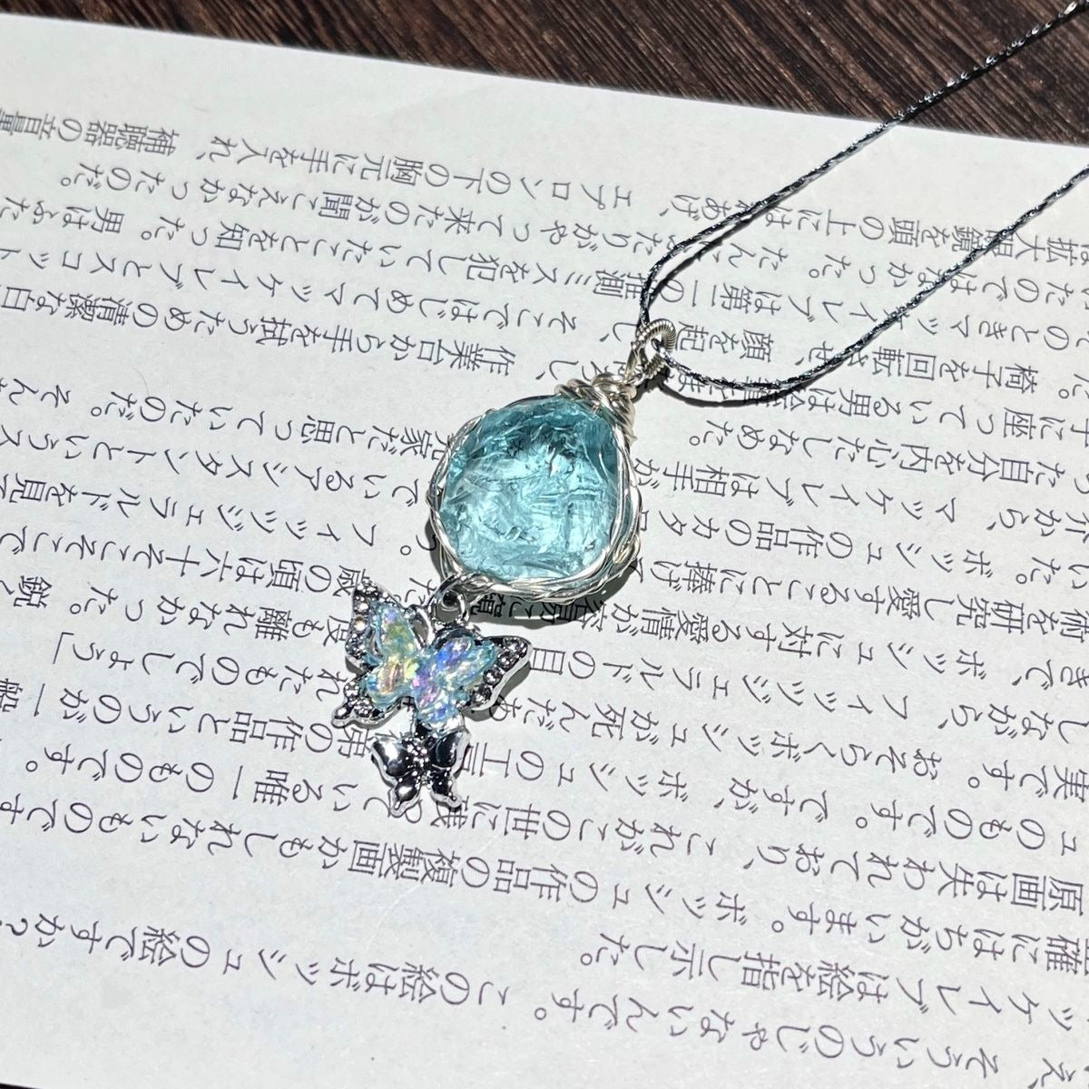 Original Natural Amethyst Aquamarine Rough Stone Handmade Wire Wrapped Butterfly Pendant Necklace Trendy Minimalist Unique Jewelry