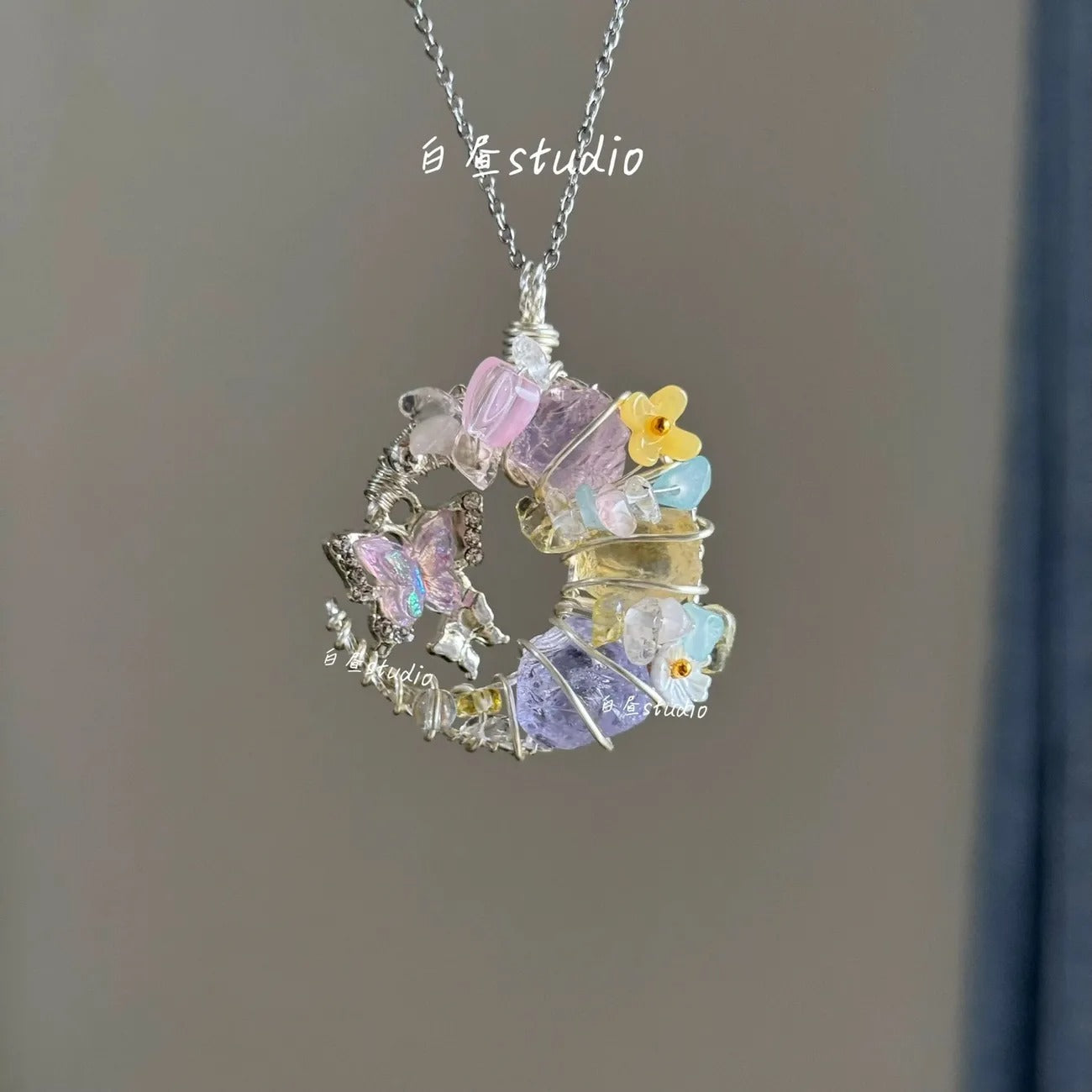 Original Moon Whisper Series Handmade Wire Wrapped Raw Crystal Pendant Titanium Steel Sweater Chain Cosmic Star Moon Cloud Universe Design Unisex Long Necklace