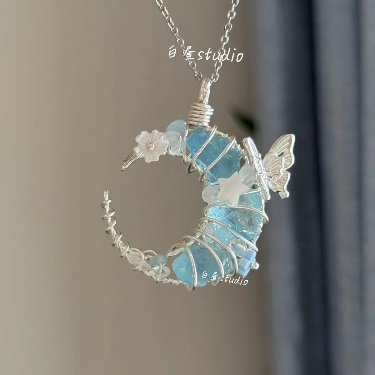 Original Moon Whisper Series Handmade Wire Wrapped Raw Crystal Pendant Titanium Steel Sweater Chain Cosmic Star Moon Cloud Universe Design Unisex Long Necklace