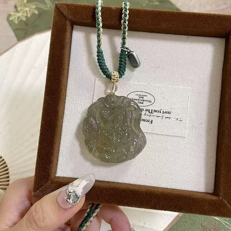 Natural Green Quartz Three Immortal Fox Amulet Pendant Necklace Tibetan Hand Braided Cord 30% Silver Peace Charm Attract Wealth Love Good Luck Spiritual Crystal Jewelry