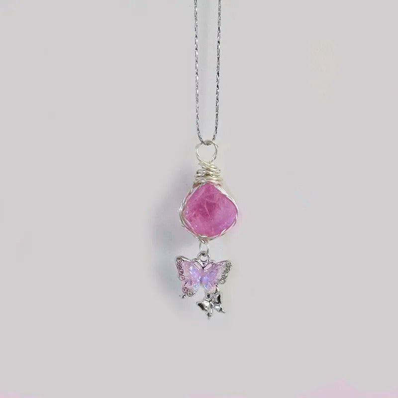 Natural Raw Crystal Wire Wrapped Pendant Necklace Alloy Chain Clear Quartz Rose Quartz Amethyst Dainty Clavicle Chain For Couple Daily Jewelry