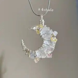 Original Moon Whisper Series Handmade Wire Wrapped Raw Crystal Pendant Titanium Steel Sweater Chain Cosmic Star Moon Cloud Universe Design Unisex Long Necklace