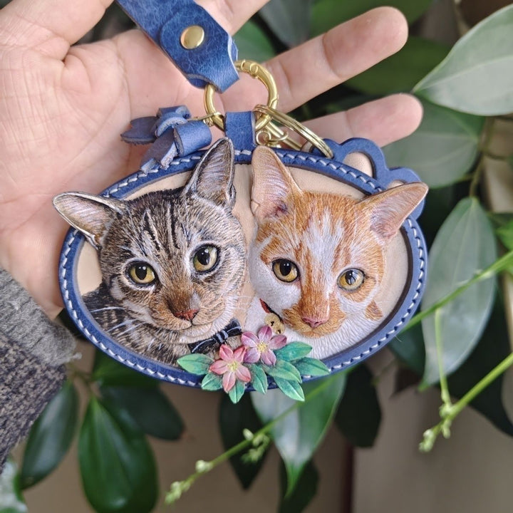 Custom Hand Tooled Leather Pet Keychain 3D Embossed Cat Dog Portrait Permanent Pet Memorial Handcrafted Stereo Headshot Keepsake