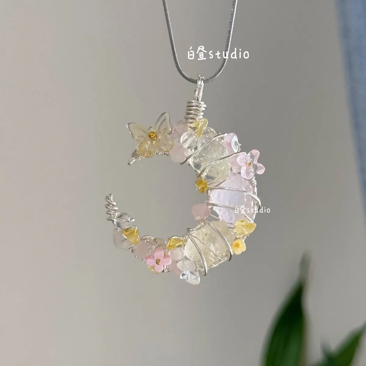 Original Moon Whisper Series Handmade Wire Wrapped Raw Crystal Pendant Titanium Steel Sweater Chain Cosmic Star Moon Cloud Universe Design Unisex Long Necklace