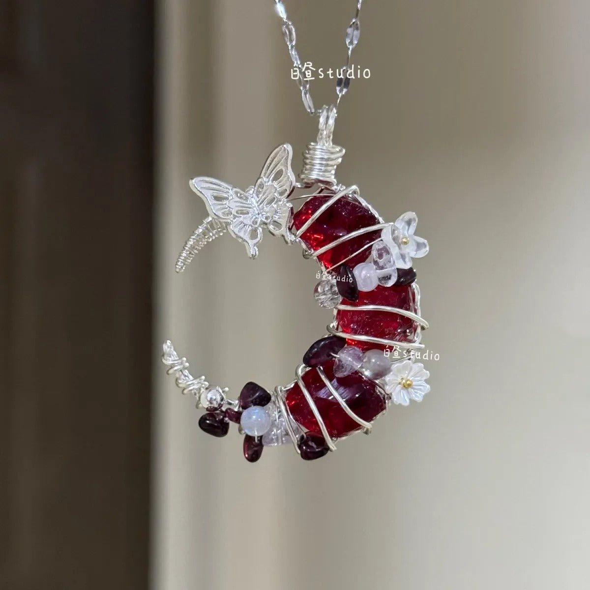 Original Moon Whisper Series Handmade Wire Wrapped Raw Crystal Pendant Titanium Steel Sweater Chain Cosmic Star Moon Cloud Universe Design Unisex Long Necklace