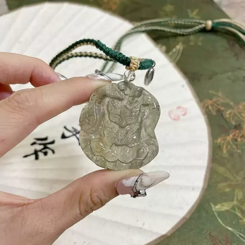 Natural Green Quartz Three Immortal Fox Amulet Pendant Necklace Tibetan Hand Braided Cord 30% Silver Peace Charm Attract Wealth Love Good Luck Spiritual Crystal Jewelry