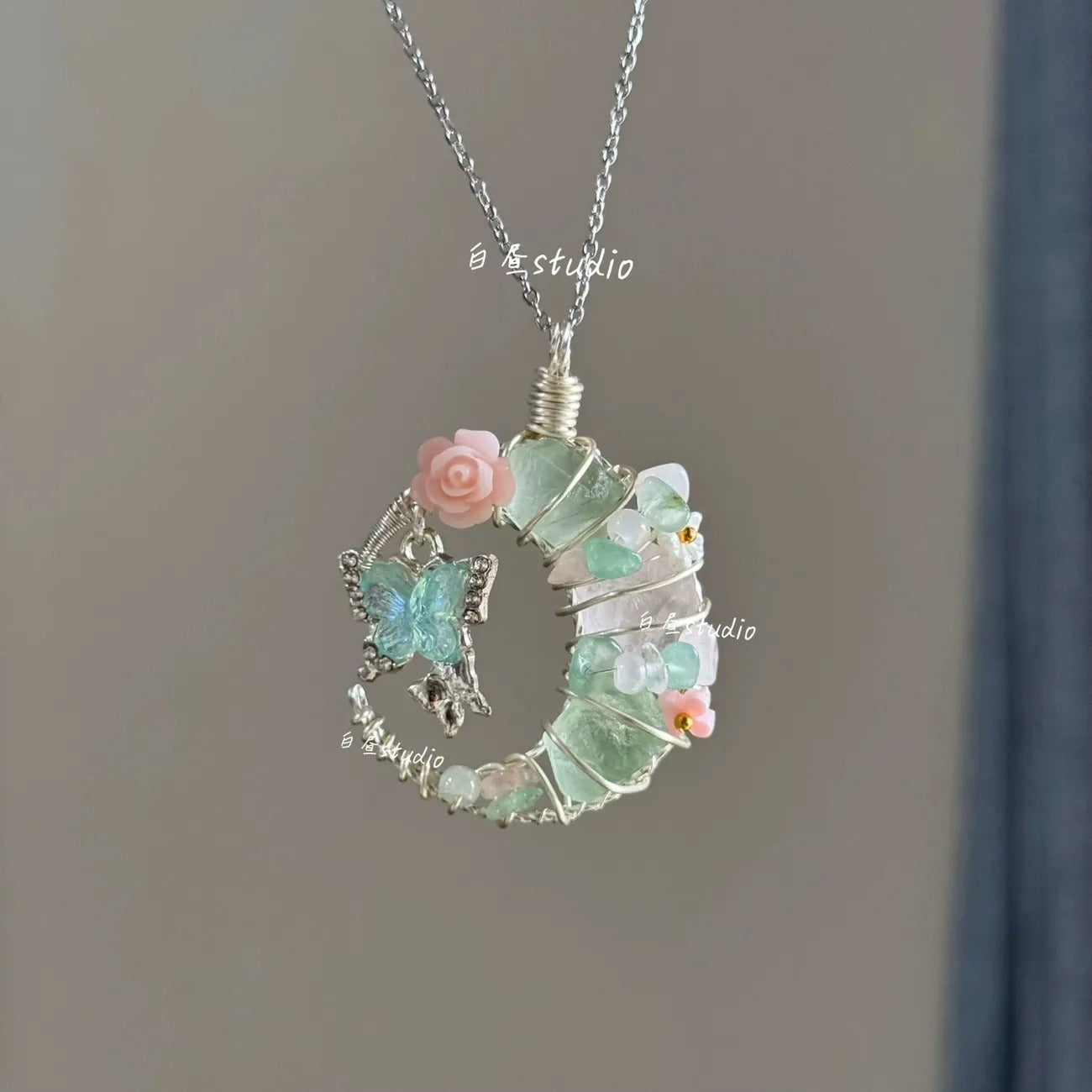 Original Moon Whisper Series Handmade Wire Wrapped Raw Crystal Pendant Titanium Steel Sweater Chain Cosmic Star Moon Cloud Universe Design Unisex Long Necklace